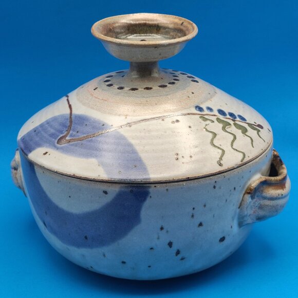 Studio Pottery Hand Crafted Vented Funnel Steam Pot With Lid Artist Signed 8x8 - Picture 1 of 12